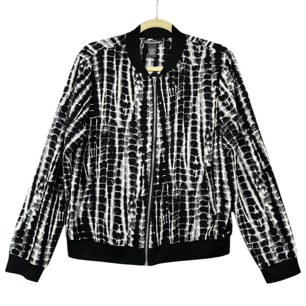 Chelsea and Theodore Black White Tie Dye Zip-Front Pattern Baseball Jacket Large